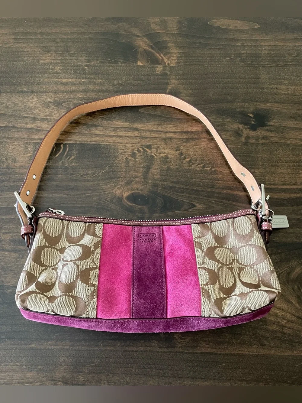 Vintage Coach 7039 Signature Stripe Suede Demi Baguette Shoulder Bag